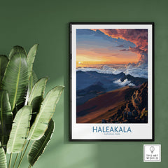 Haleakalā Craters Poster, Hawaiian Sunrise Print, Mountain Wall Decor on a green wall with indoor plants.