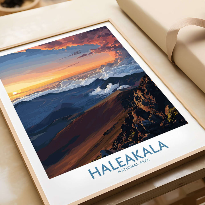 Haleakalā Craters poster featuring a stunning Hawaiian sunrise over mountain landscape, perfect for wall decor.
