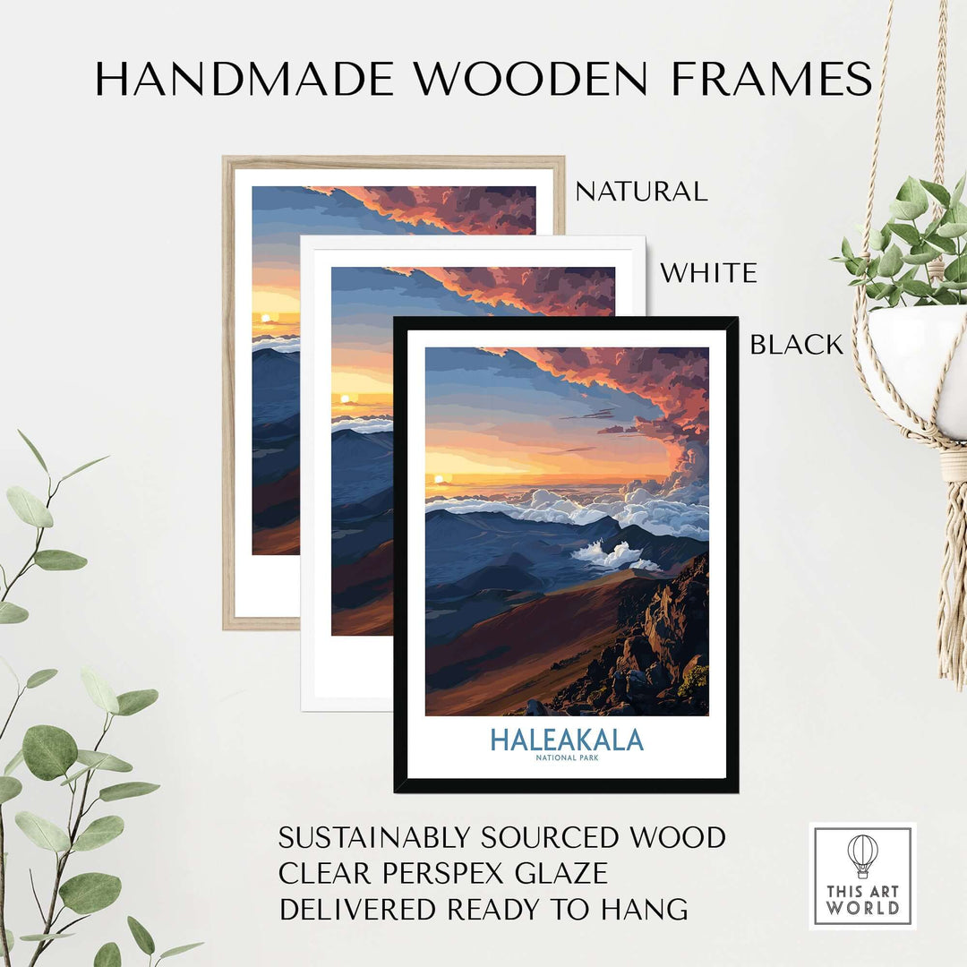 Handmade wooden frames in natural, white, and black for Haleakalā craters poster, featuring sustainable materials.