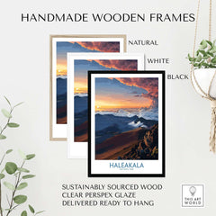Haleakalā Craters Poster, Hawaiian Sunrise Print, Mountain Wall Decor in handmade wooden frames.