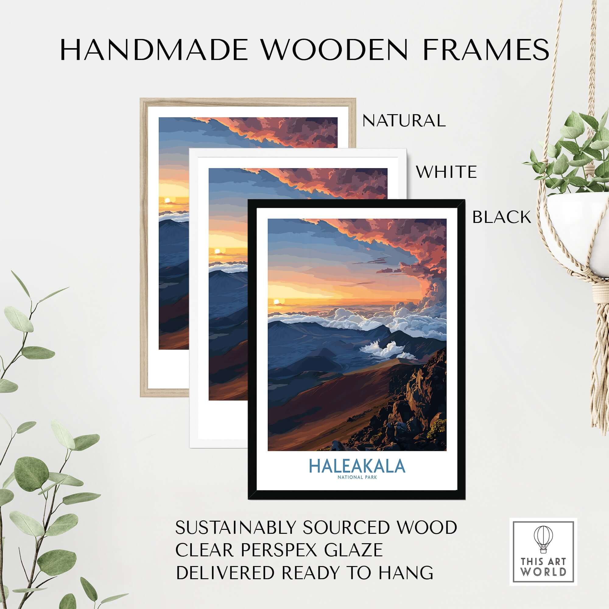 Haleakalā Craters Poster, Hawaiian Sunrise Print, Mountain Wall Decor in handmade wooden frames.