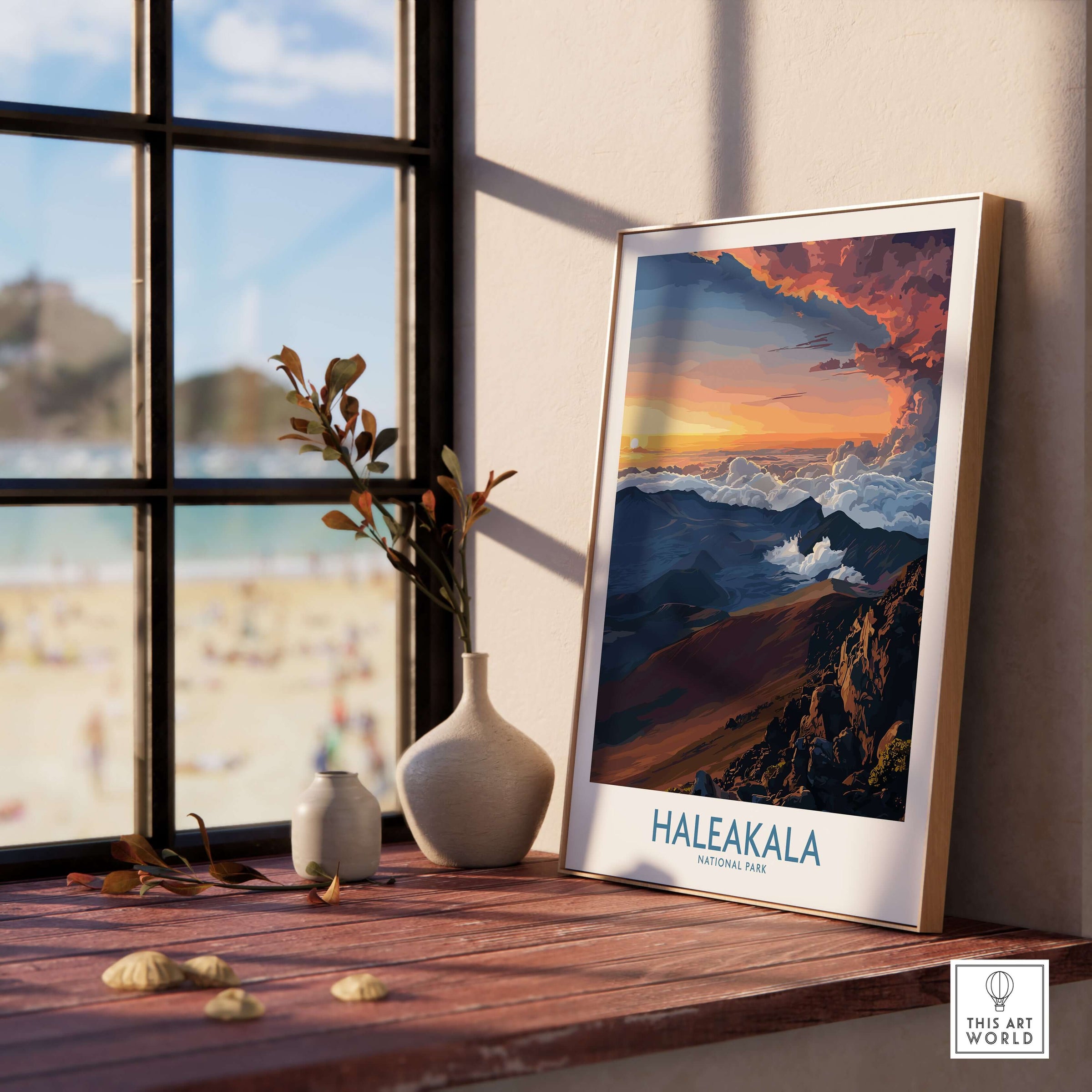 Haleakalā Craters Poster, Hawaiian Sunrise Print, Mountain Wall Decor showcased in a sunlit room with a window view.