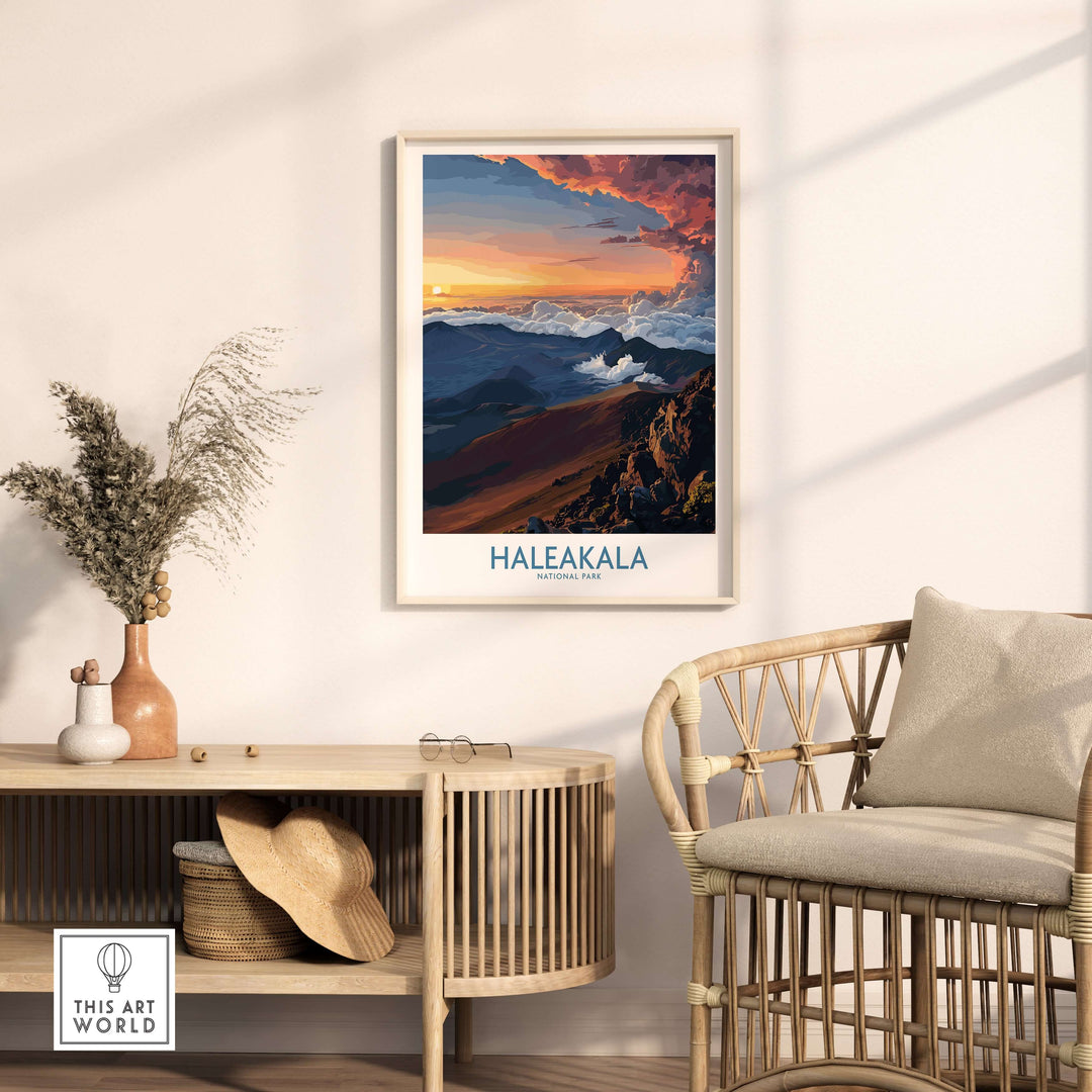 Haleakalā Craters poster showcasing a Hawaiian sunrise, framed in a modern living space with natural decor.