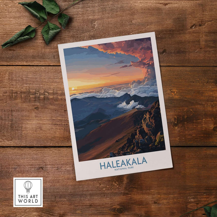Haleakalā National Park poster showcasing a stunning Hawaiian sunrise over the craters and mountains.