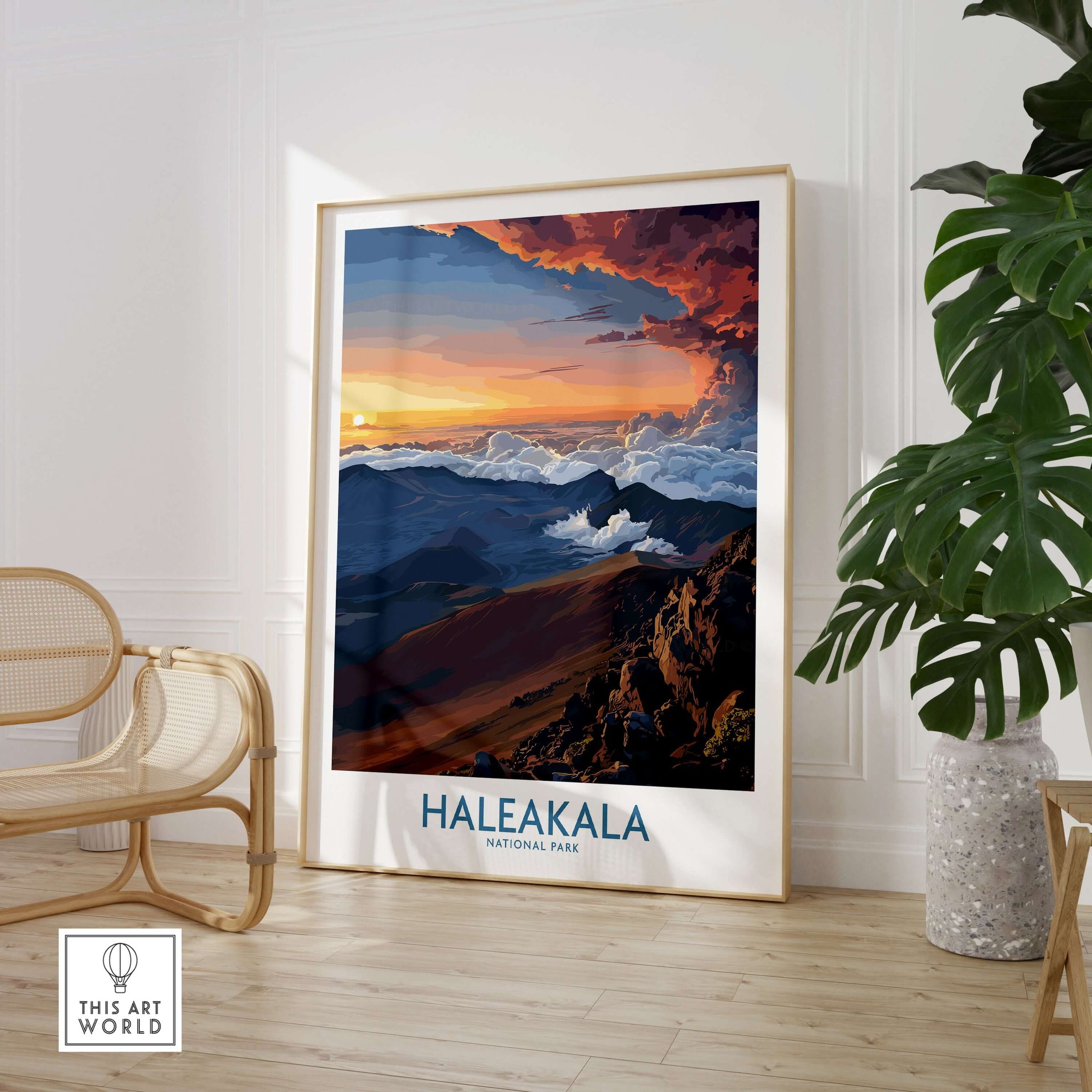 Haleakalā Craters Poster, Hawaiian Sunrise Print, Mountain Wall Decor showcasing stunning sunrise over mountains.