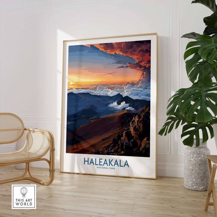 Haleakalā National Park poster featuring a vibrant Hawaiian sunrise over mountain craters, perfect for wall decor.