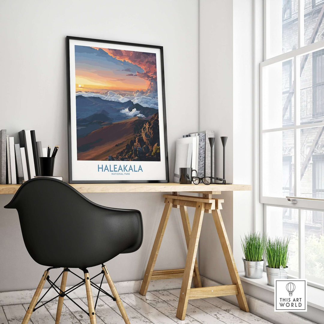 Haleakalā craters poster showcasing Hawaiian sunrise in modern workspace, enhancing mountain wall decor.