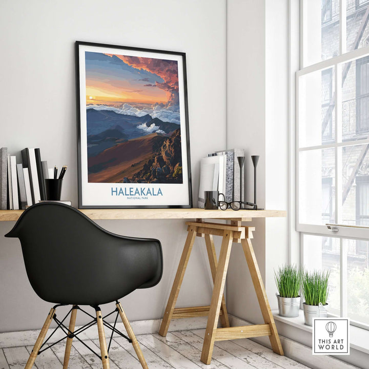 Haleakalā craters poster showcasing Hawaiian sunrise in modern workspace, enhancing mountain wall decor.