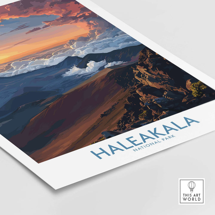 Haleakalā National Park poster featuring a vibrant Hawaiian sunrise over rugged mountain landscapes.