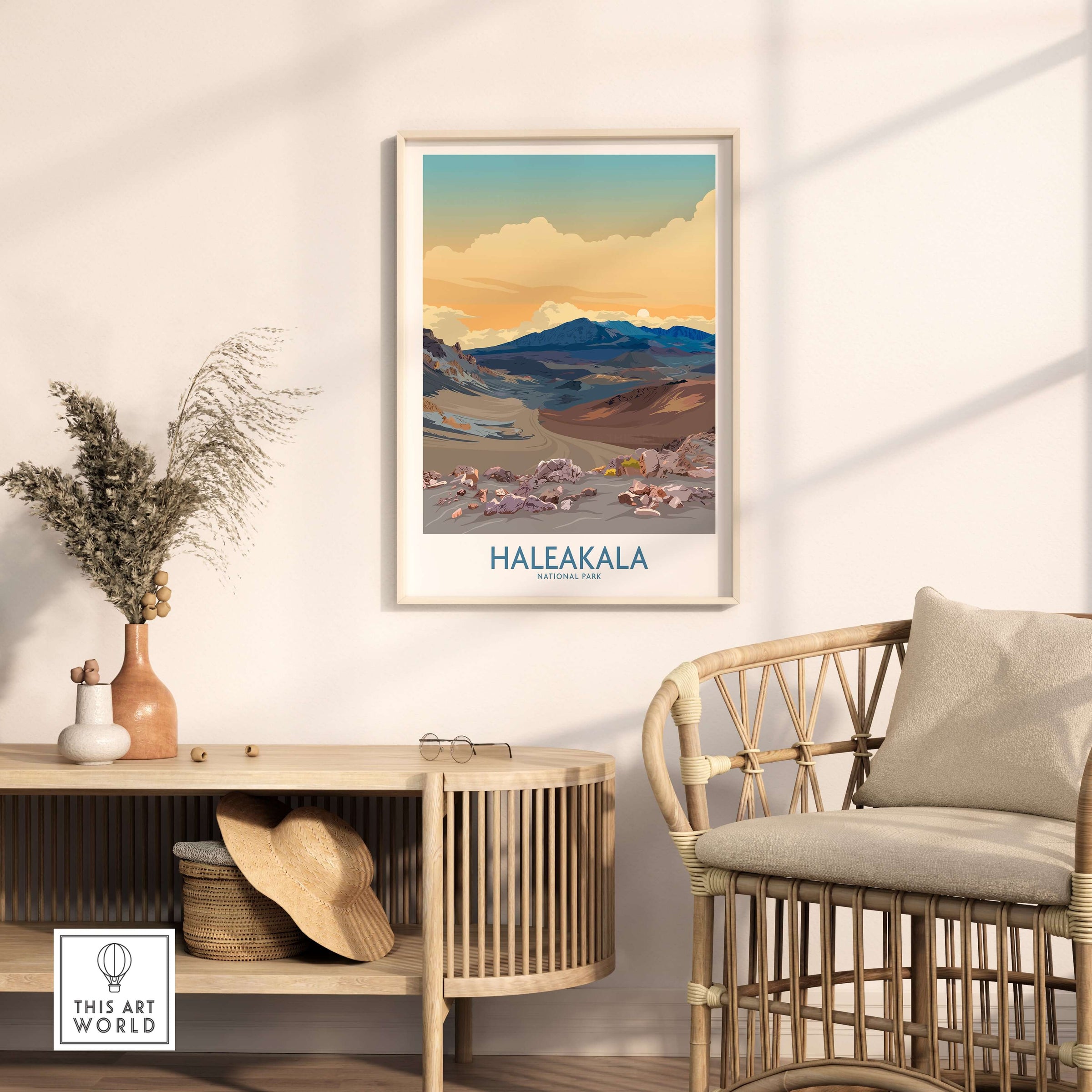 Haleakalā National Park Print, Hawaiian Volcano Poster, Sunset Wall Decor in a stylish room setting.