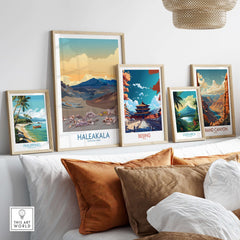 Haleakalā National Park Print, Hawaiian Volcano Poster, Sunset Wall Decor displayed in a modern living room setting.