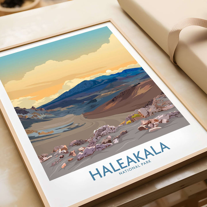 Haleakalā National Park print featuring a colorful sunset over volcanic landscape, ideal for wall decor.
