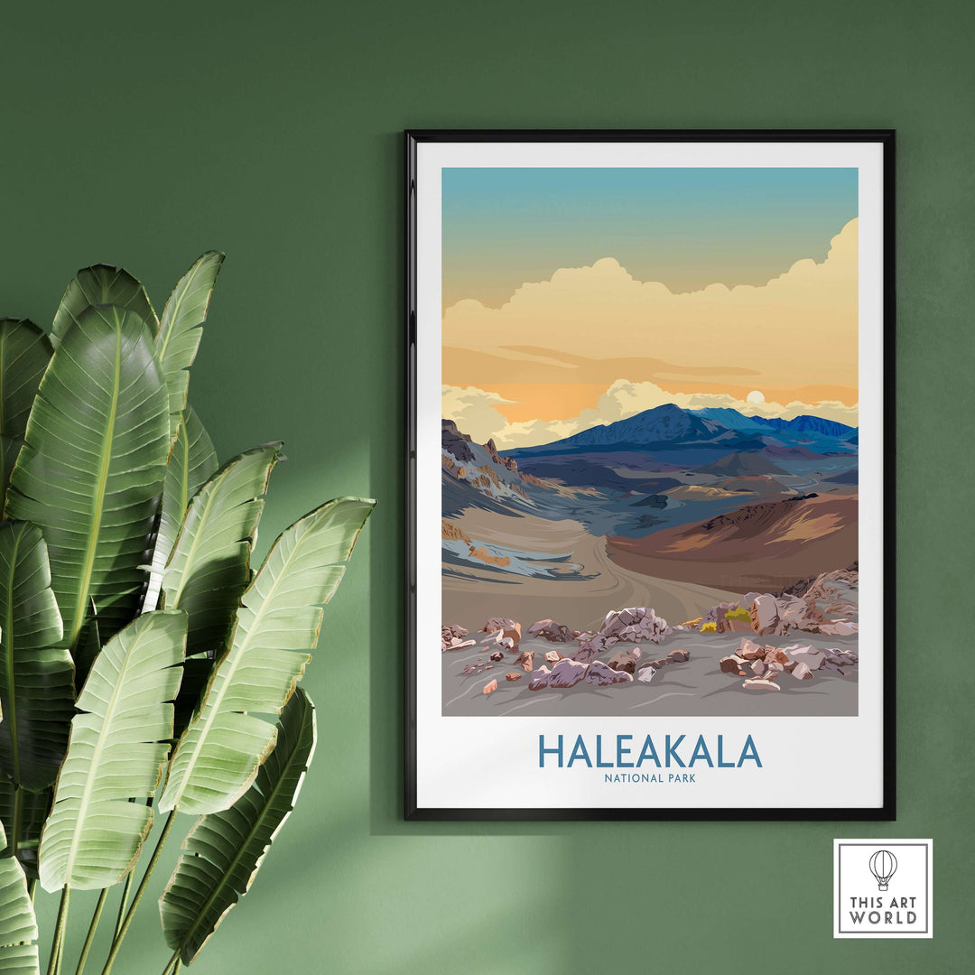 Haleakalā National Park print showcasing a vibrant sunset over a Hawaiian volcanic landscape, ideal for wall decor.