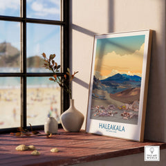 Haleakalā National Park Print, Hawaiian Volcano Poster, Sunset Wall Decor displayed on a windowsill with beach view.
