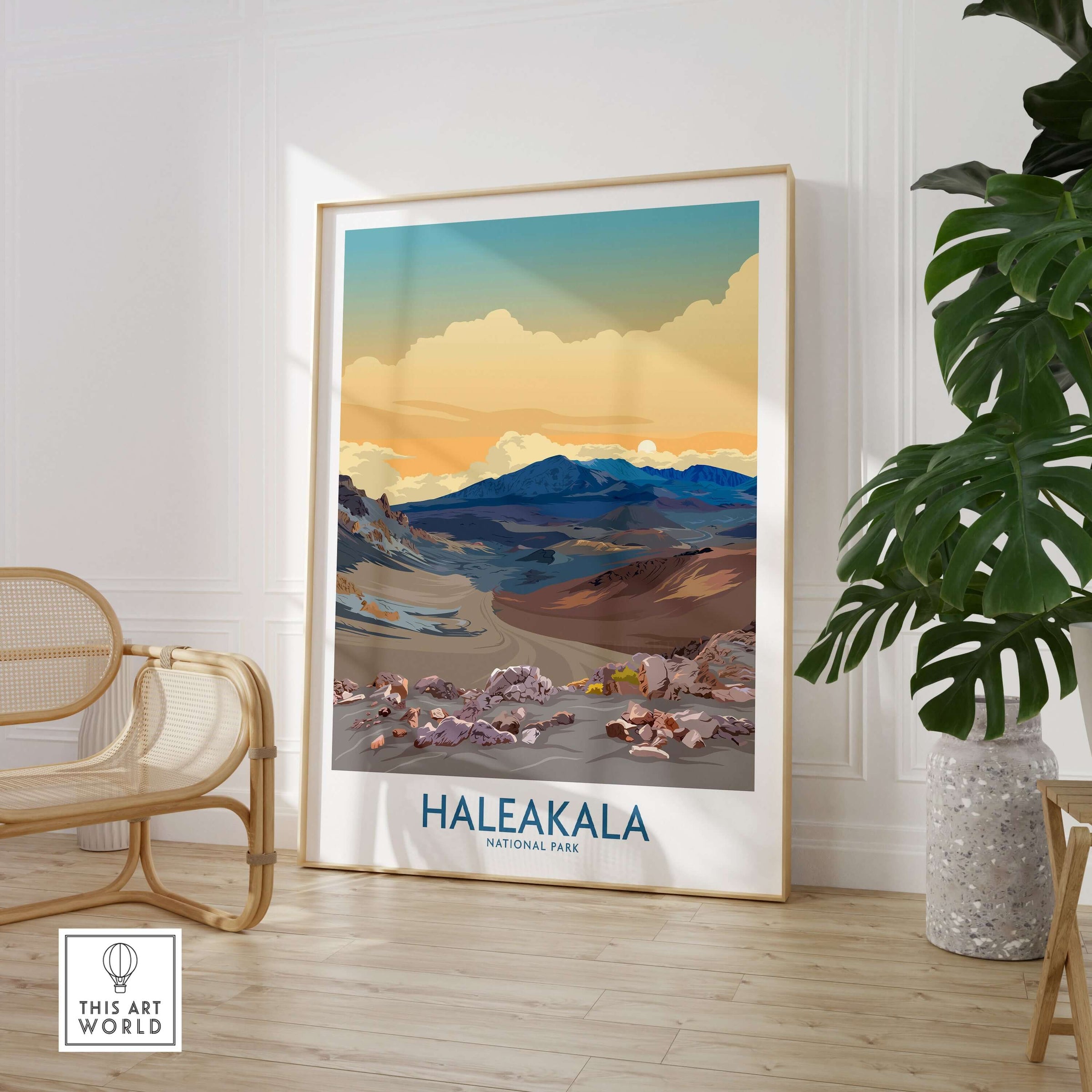 Haleakalā National Park Print, Hawaiian Volcano Poster, Sunset Wall Decor showcasing vibrant sunset over volcano landscape.