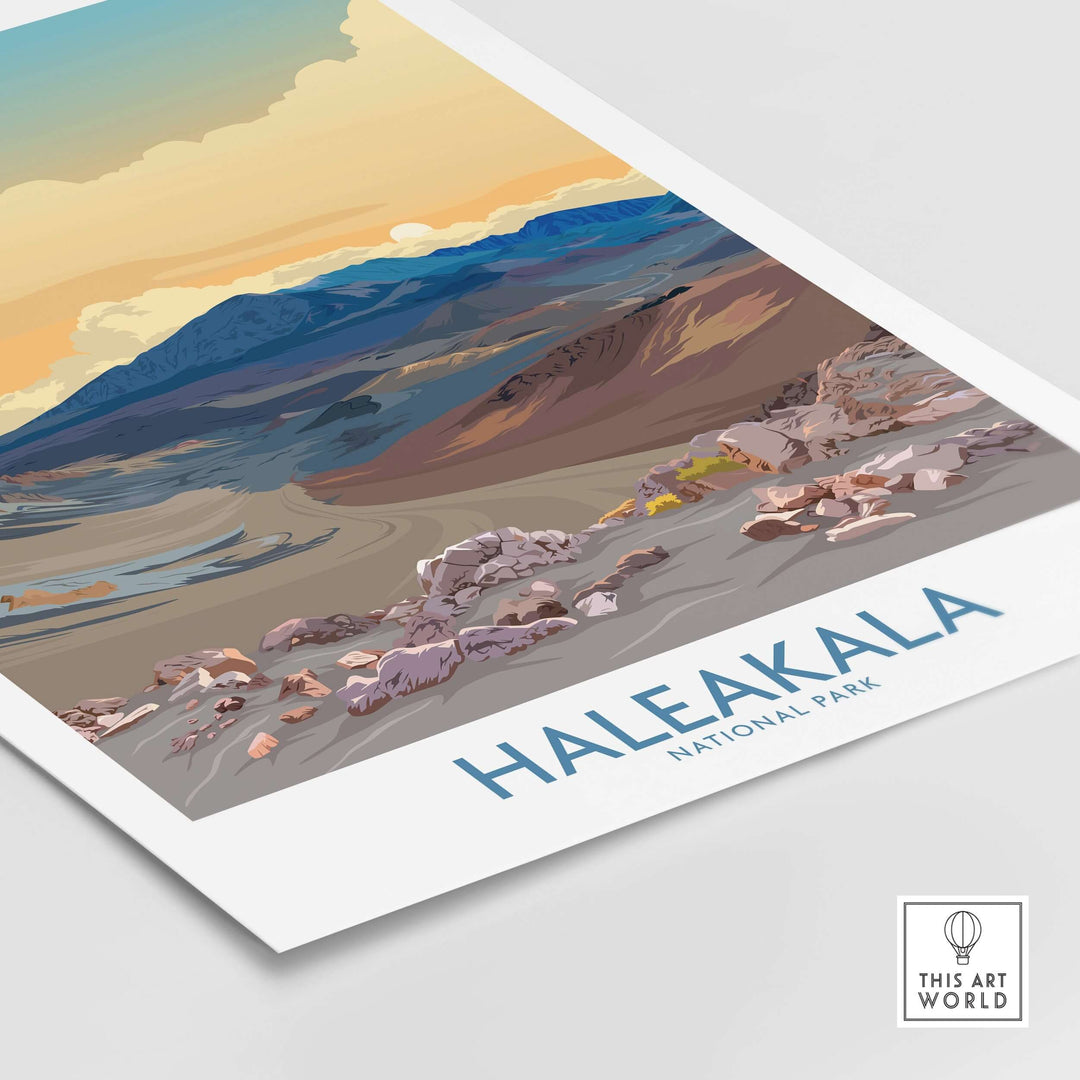 Haleakalā National Park print showcasing a sunset over volcanic landscape with vibrant colors and serene design.