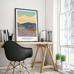 Haleakalā National Park Print, Hawaiian Volcano Poster, Sunset Wall Decor displayed on a desk in a modern interior.