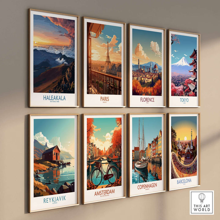 Gallery of travel-themed posters featuring cities like Haleakalā, Paris, Florence, and more.
