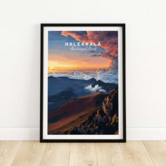 Haleakalā Sunset Poster, Maui Hawaii Wall Art, National Park Travel Print showcasing a stunning Hawaiian sunset scene.