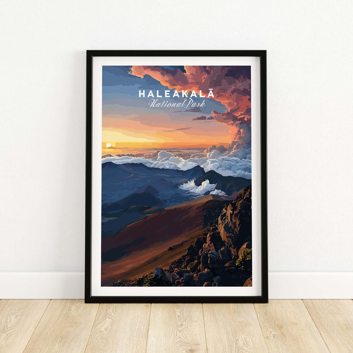 Haleakalā Sunset Poster featuring Maui National Park landscape with vibrant colors and clouds.
