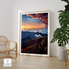 Haleakalā Sunset Poster, Maui Hawaii Wall Art, National Park Travel Print displayed in a modern living room.