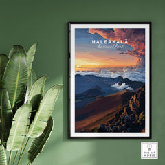 Haleakalā Sunset Poster, Maui Hawaii Wall Art, National Park Travel Print featuring a scenic view of Haleakalā National Park.