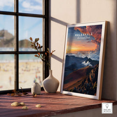 Haleakalā Sunset Poster, Maui Hawaii Wall Art, National Park Travel Print displayed in a bright room by a window.
