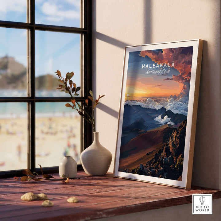 Haleakalā Sunset poster featuring Maui's vibrant colors and serene landscape, framed and displayed indoors.