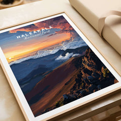 Haleakalā Sunset Poster, Maui Hawaii Wall Art, National Park Travel Print showcasing vivid sunset colors and landscapes
