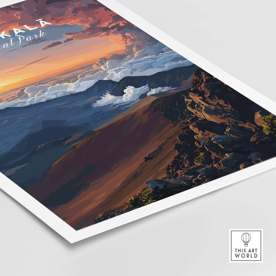 Haleakalā Sunset poster featuring vibrant colors and serene landscape of Maui's National Park.