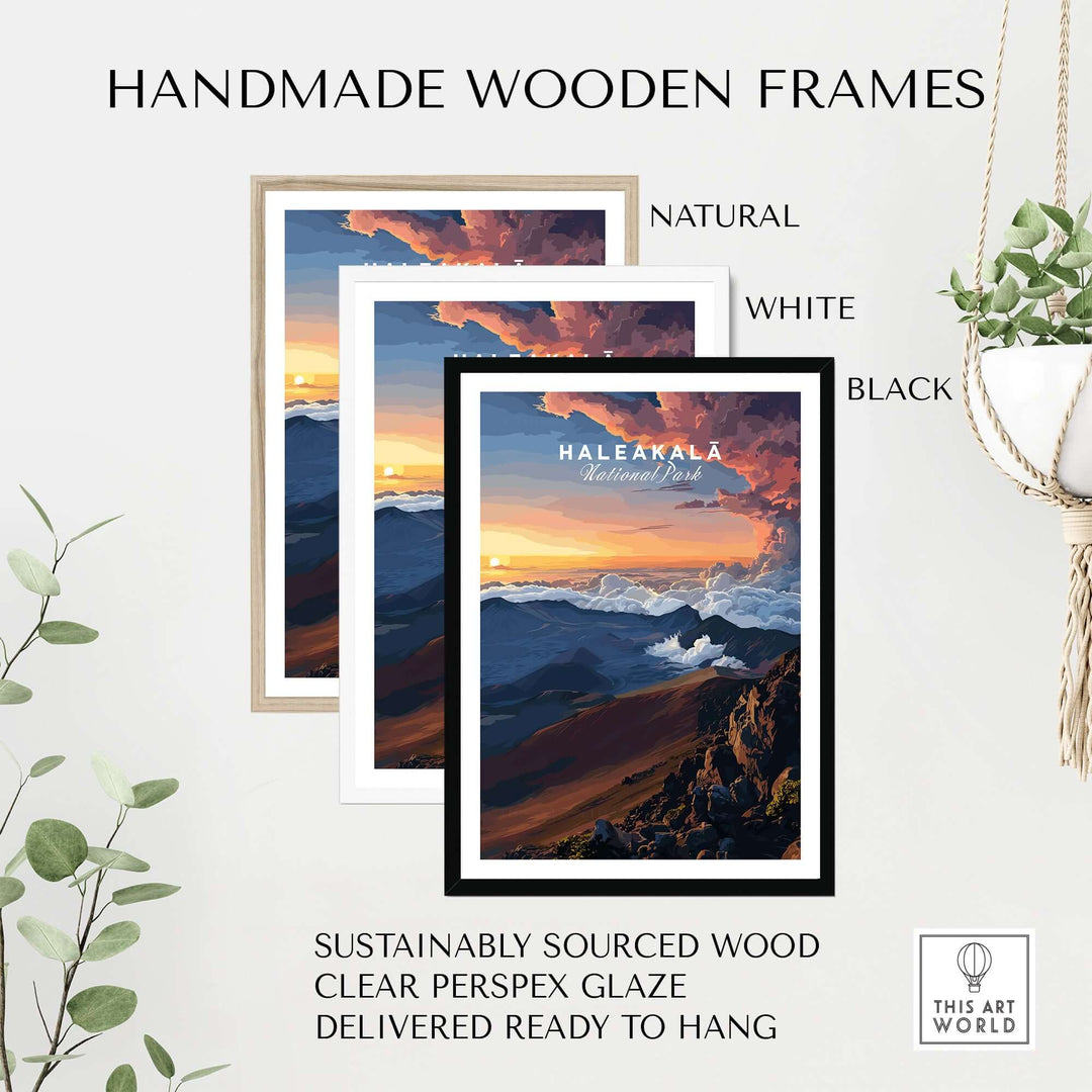 Haleakalā Sunset poster displayed in three handmade wooden frames: natural, white, and black, ready to hang.