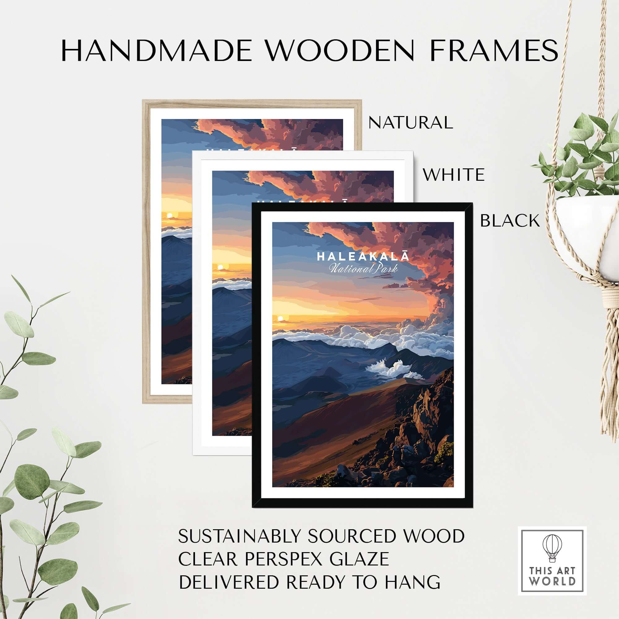 Haleakalā Sunset Poster, Maui Hawaii Wall Art, National Park Travel Print in handmade wooden frames.