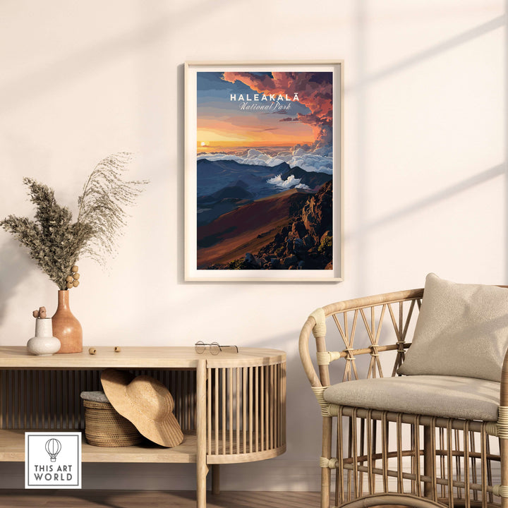 Haleakalā Sunset poster displayed in a modern living room with rattan furniture and tropical decor.