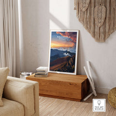 Haleakalā Sunset Poster, Maui Hawaii Wall Art, National Park Travel Print displayed in a cozy living room setting.