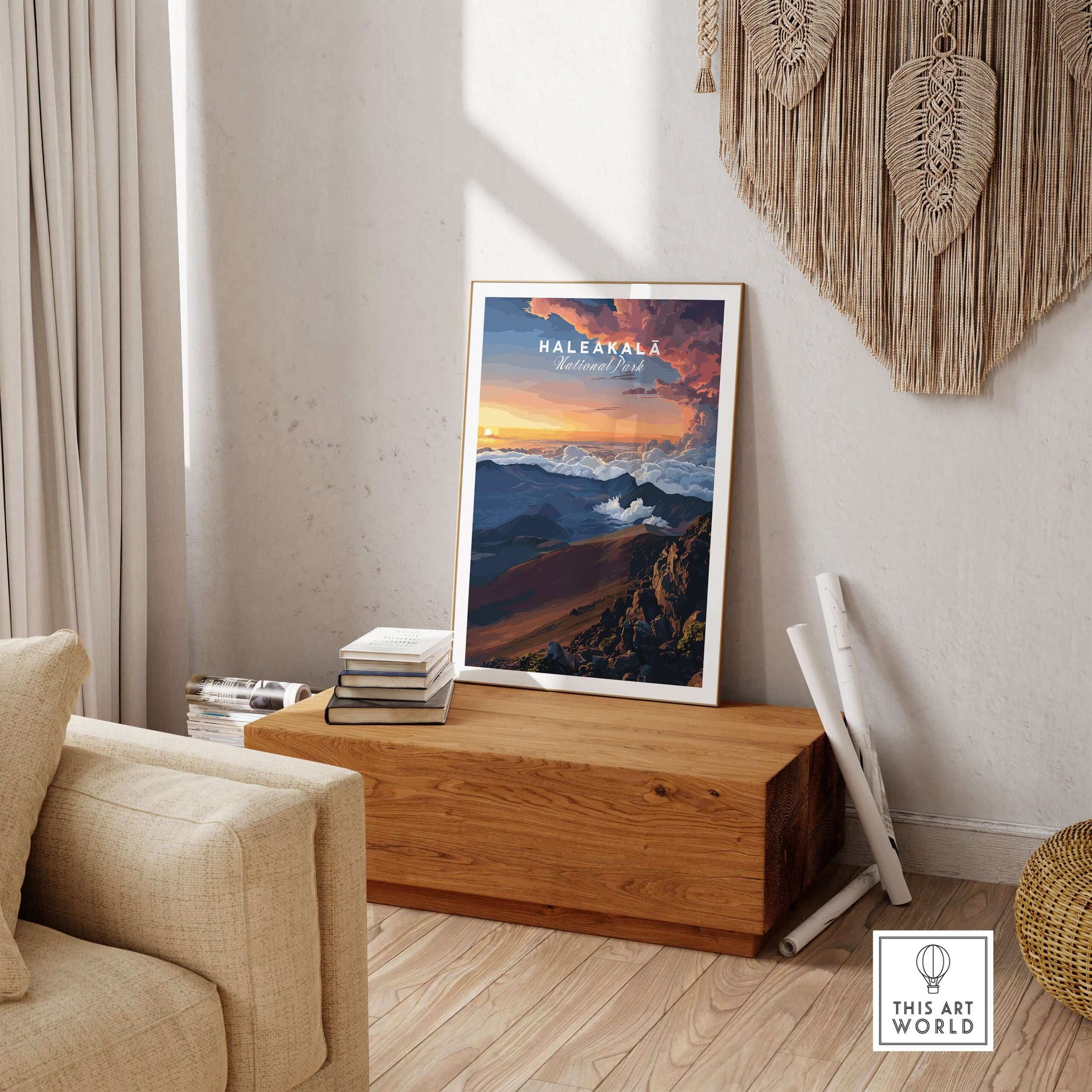 Haleakalā Sunset Poster, Maui Hawaii Wall Art, National Park Travel Print displayed in a cozy living room setting.