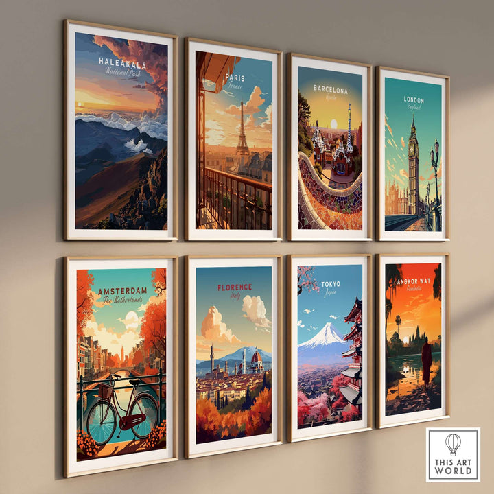Framed travel posters of iconic cities including Haleakalā, Paris, Barcelona, and Tokyo on a wall.
