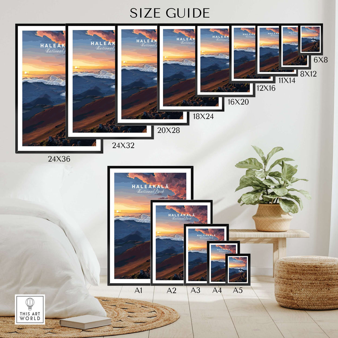 Haleakalā Sunset poster size guide showing various frame sizes for Maui Hawaii wall art.