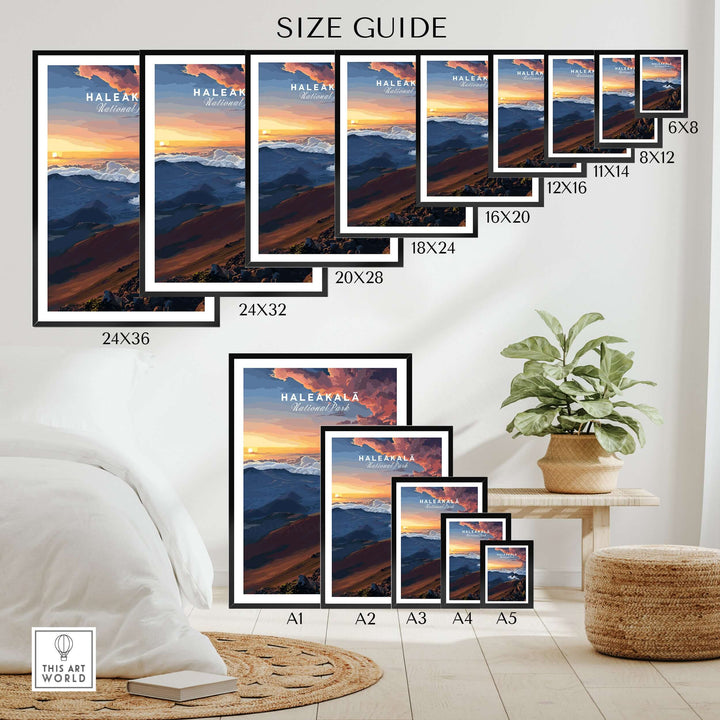 Haleakalā Sunset poster size guide showing various frame sizes for Maui Hawaii wall art.