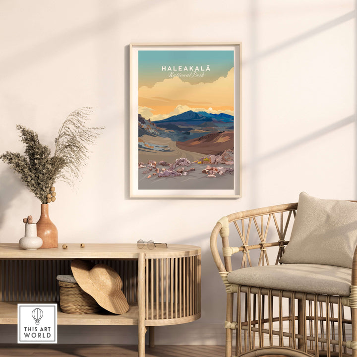Haleakalā Volcano poster featuring vibrant landscapes of Maui Hawaii, displayed in a stylish home interior.