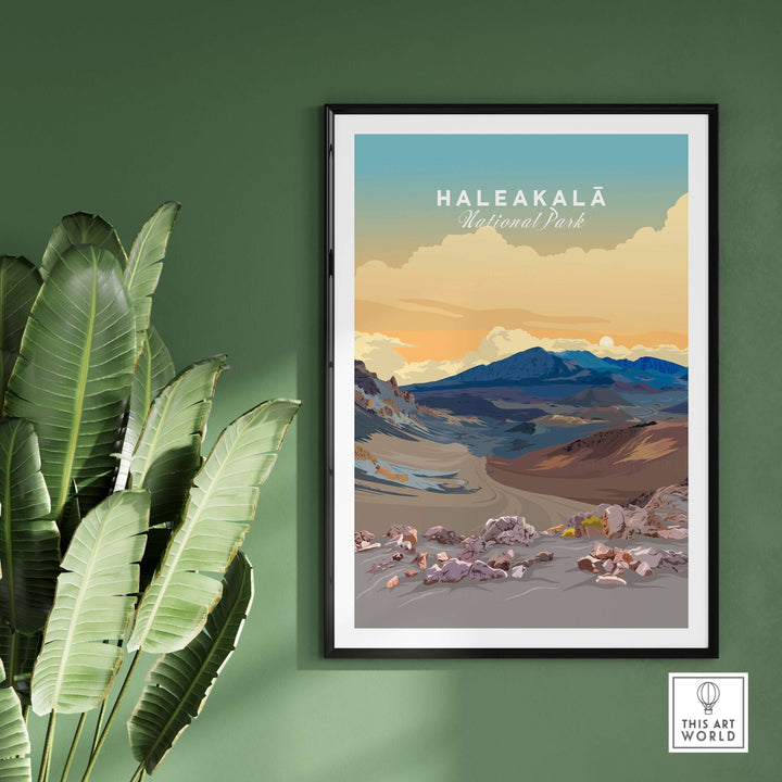 Haleakalā Volcano National Park poster featuring vibrant colors and Maui landscape art on a green wall.