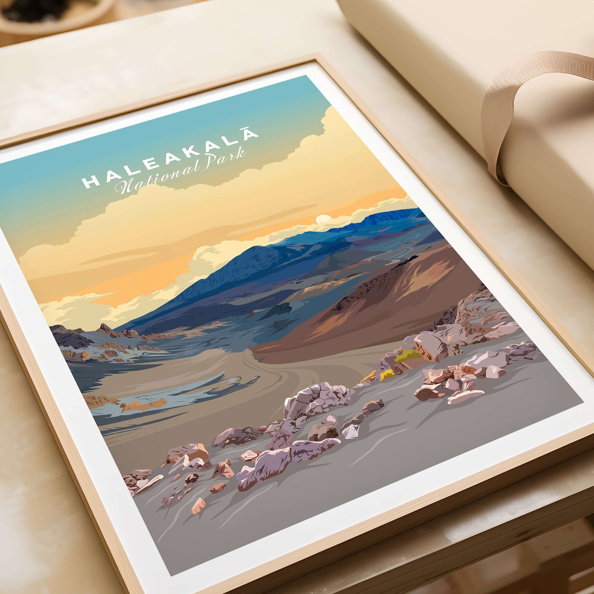 Haleakalā Volcano Poster, Maui Hawaii Travel Print, National Park Wall Art featuring a colorful landscape.