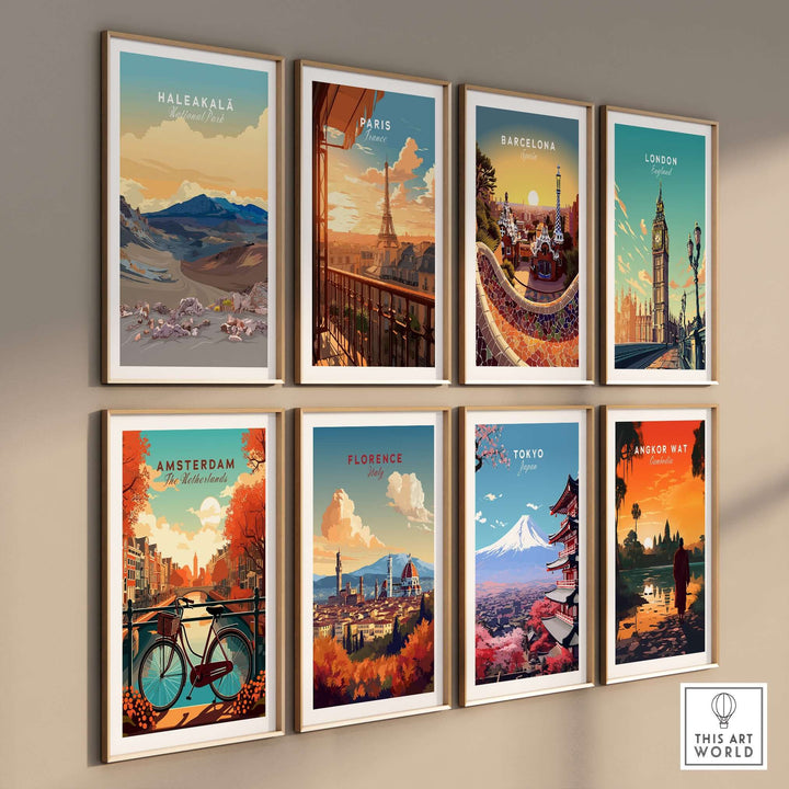 Gallery of travel posters featuring Haleakalā, Paris, Barcelona, London, Amsterdam, Florence, Tokyo, and Angkor Wat.