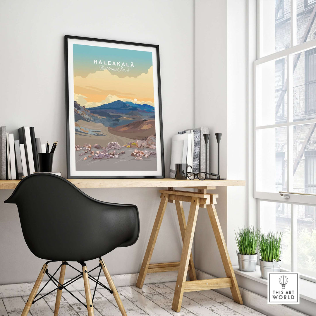 Haleakalā Volcano poster displayed in a stylish home office, showcasing Maui's natural beauty and vibrant colors.