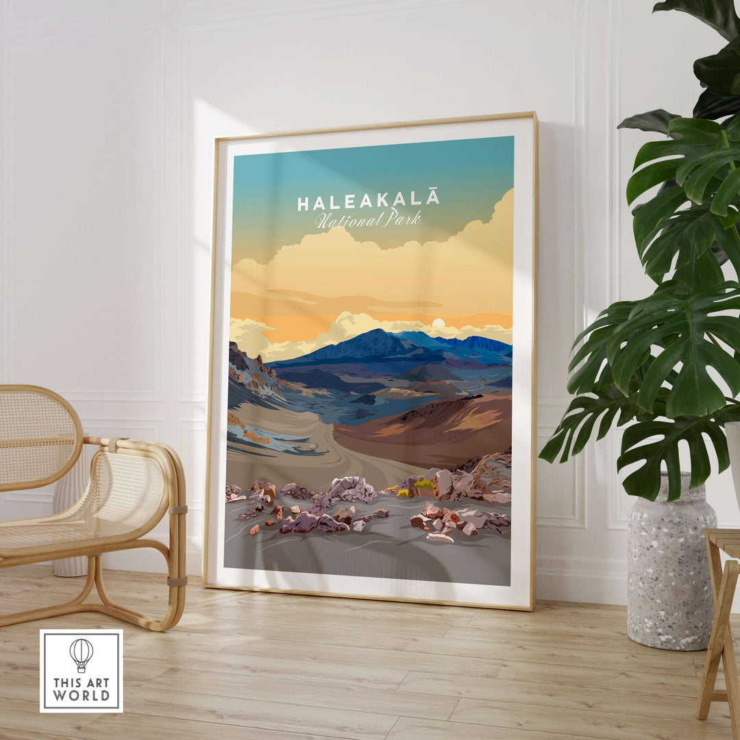 Haleakalā Volcano poster in a modern interior setting, showcasing Maui’s stunning National Park landscape.