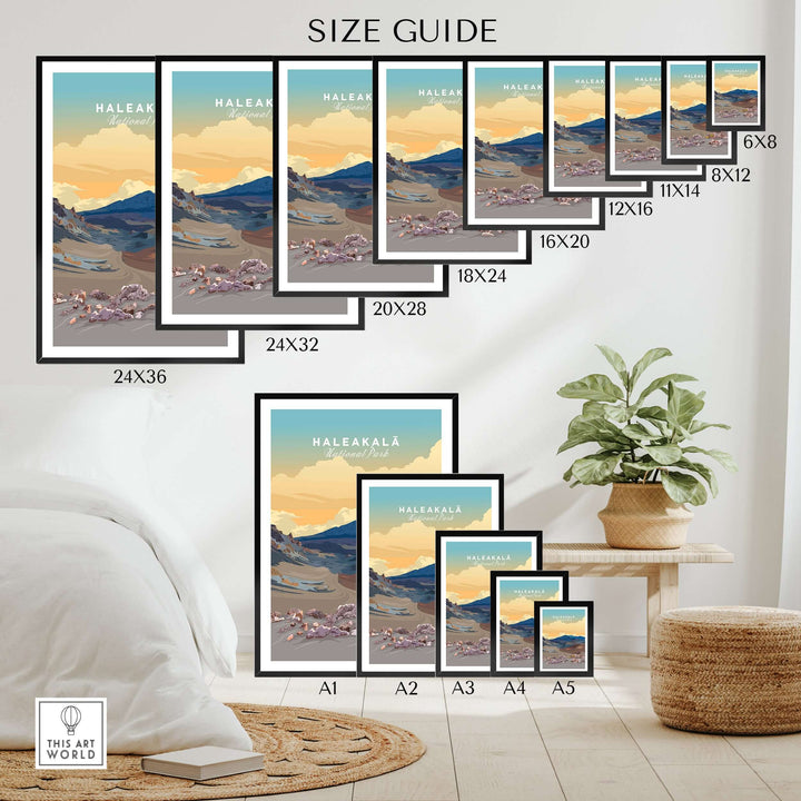 Haleakalā Volcano poster size guide with multiple frame options displayed in a stylish home setting.