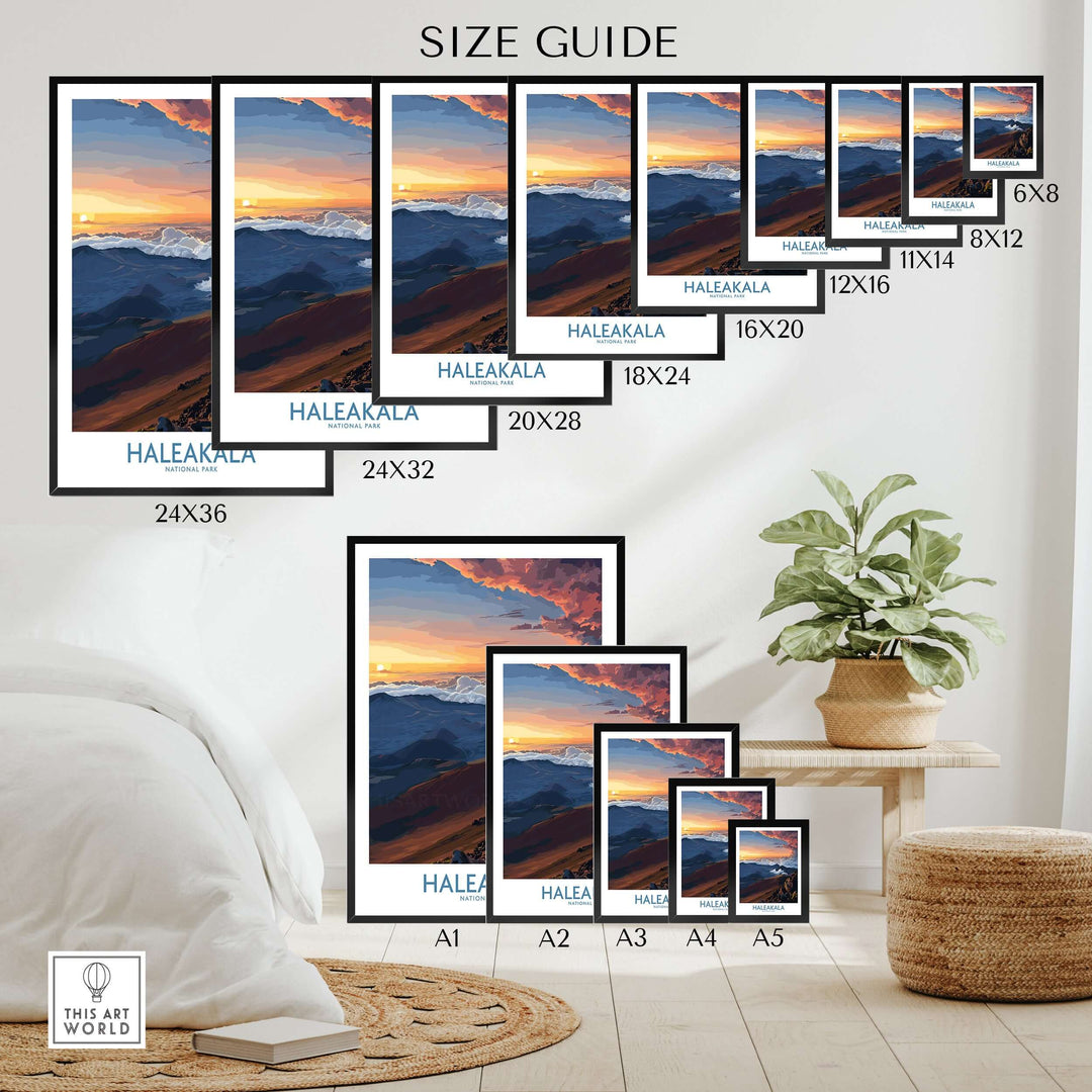 Size guide for Haleakalā Craters poster showcasing various print dimensions and frame options.