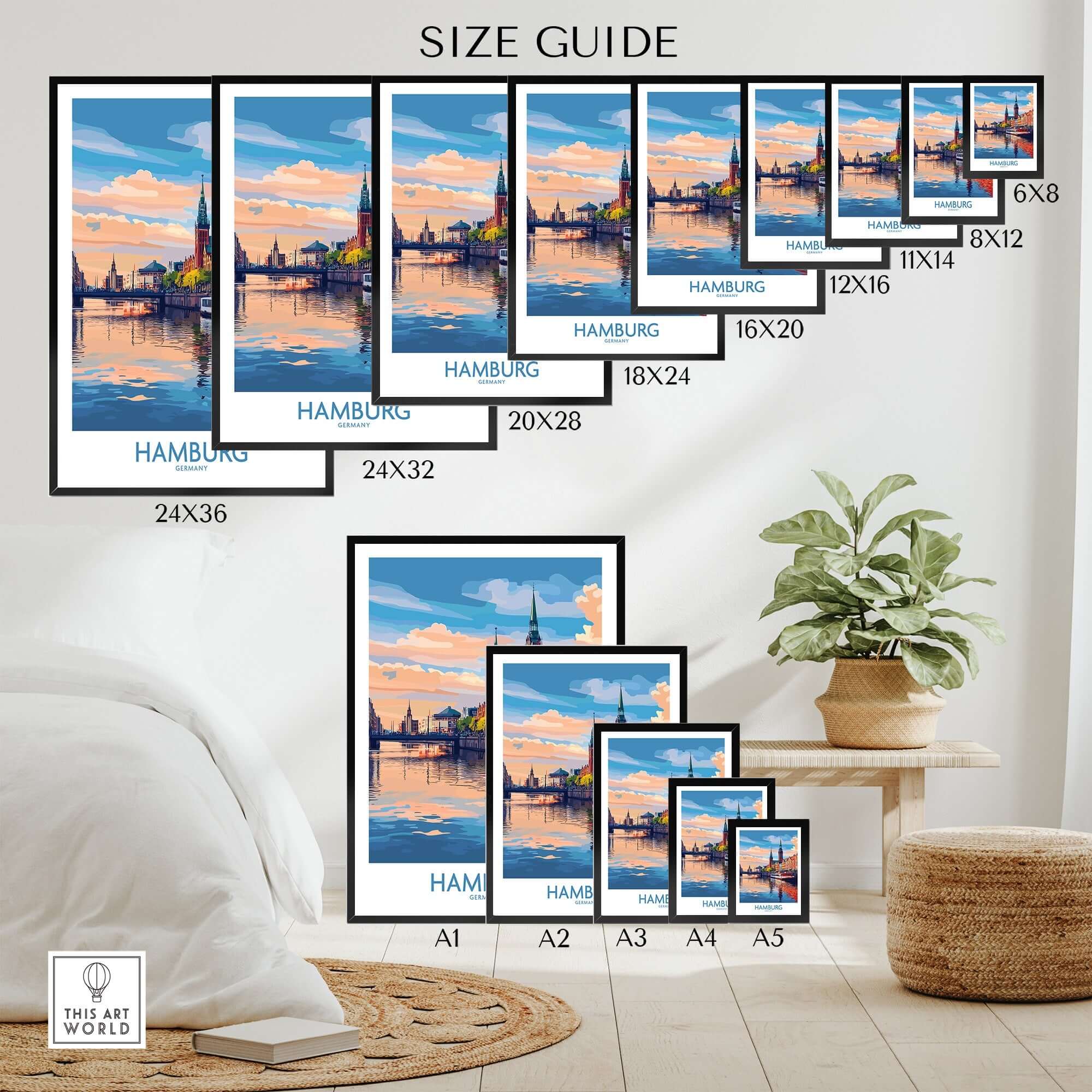 Hamburg Travel Poster size guide showcasing various dimensions for wall art featuring scenic Hamburg.