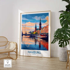 Hamburg Travel Poster showcasing iconic landmarks and vibrant colors of Hamburg, Germany.