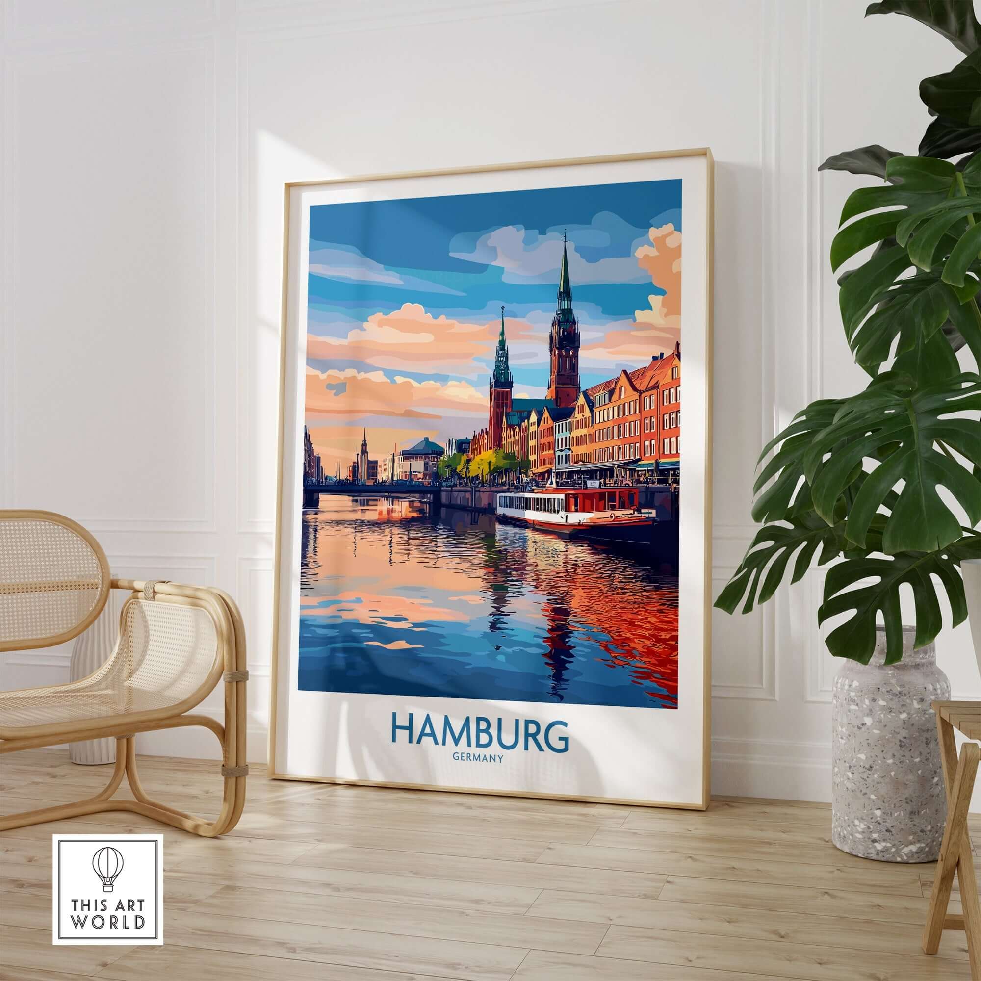 Hamburg Travel Poster showcasing iconic landmarks and vibrant colors of Hamburg, Germany.