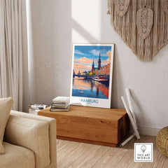 Hamburg Travel Poster showcasing iconic landmarks and vibrant colors in a stylish interior setting.